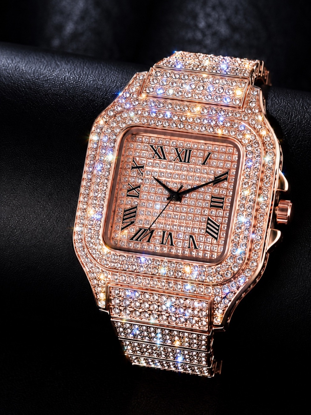 Iced Out VVS Simulated Diamond Rose Gold Stainless Steel Watch Pave Fully Iced